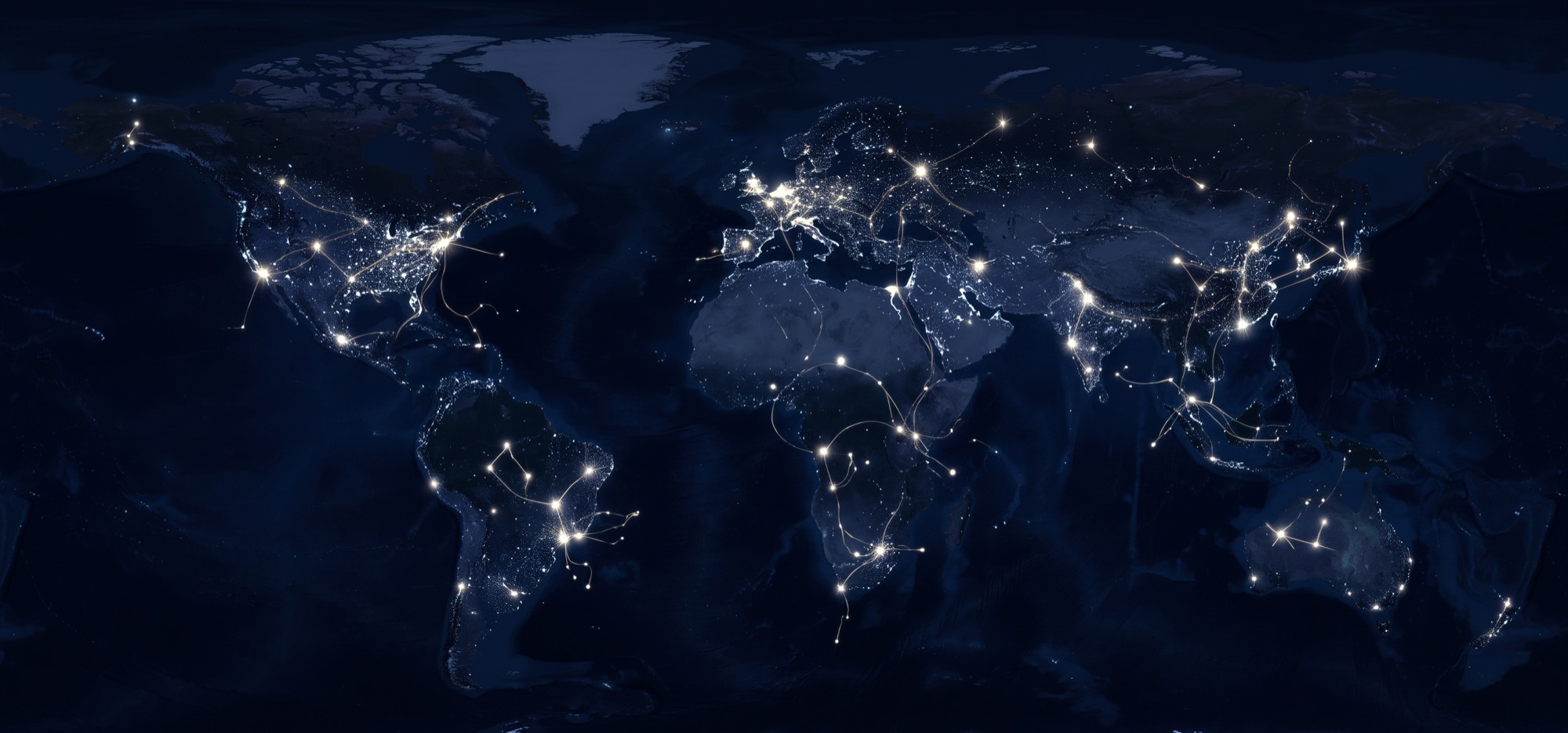 A world map at night, glowing points connected by golden threads.